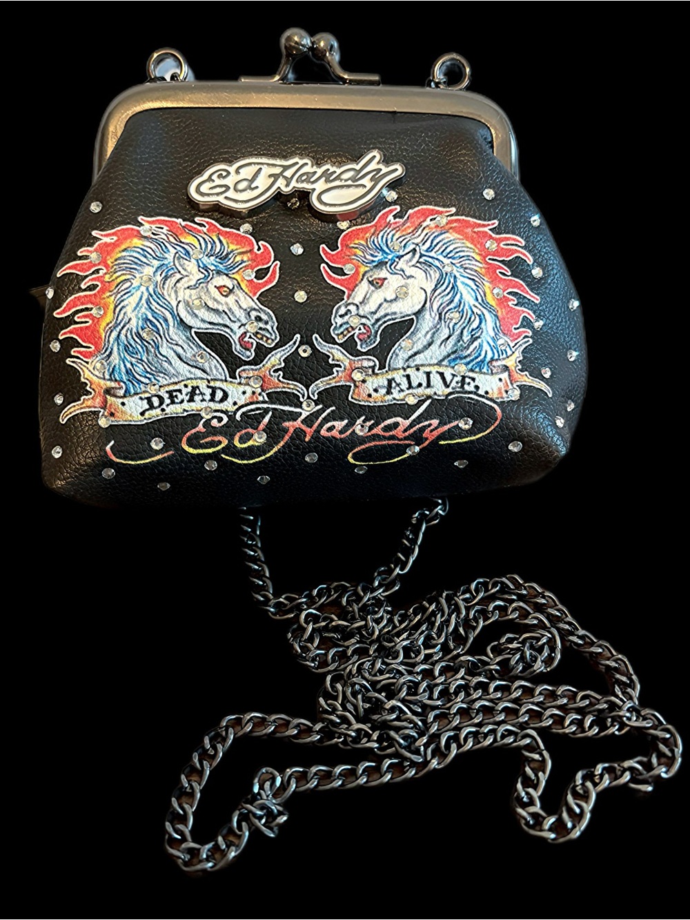 Ed Hardy Black Dead or Alive Horse Print Kiss-Lock Crossbody Bag / Purse NWT